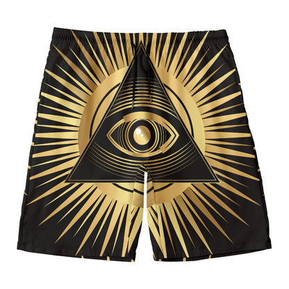 Black And Gold Eye of Providence Print Men's Swim Trunks