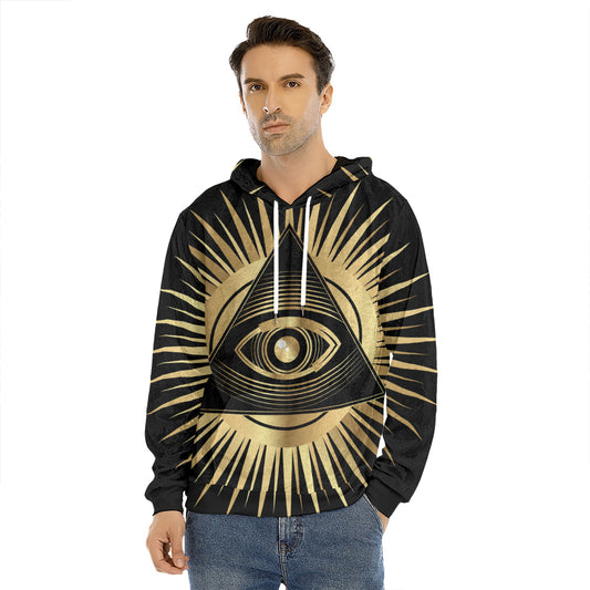 Black And Gold Eye of Providence Print Men's Velvet Pullover Hoodie