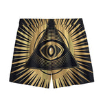 Black And Gold Eye of Providence Print Mesh Shorts