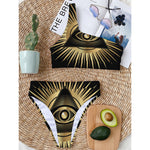 Black And Gold Eye of Providence Print One Shoulder Bikini Top