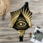 Black And Gold Eye of Providence Print One Shoulder Bodysuit