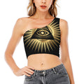 Black And Gold Eye of Providence Print One Shoulder Crop Top