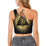 Black And Gold Eye of Providence Print One Shoulder Crop Top