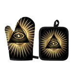 Black And Gold Eye of Providence Print Oven Mitt And Pot Holder Set