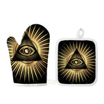 Black And Gold Eye of Providence Print Oven Mitt And Pot Holder Set