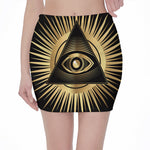 Black And Gold Eye of Providence Print Pencil Mini Skirt