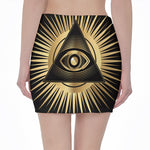 Black And Gold Eye of Providence Print Pencil Mini Skirt