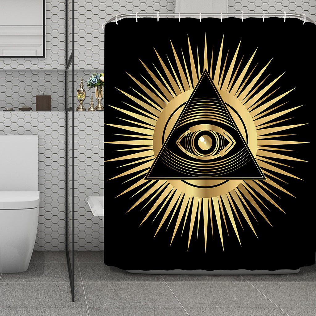 Black And Gold Eye of Providence Print Polyester Shower Curtain