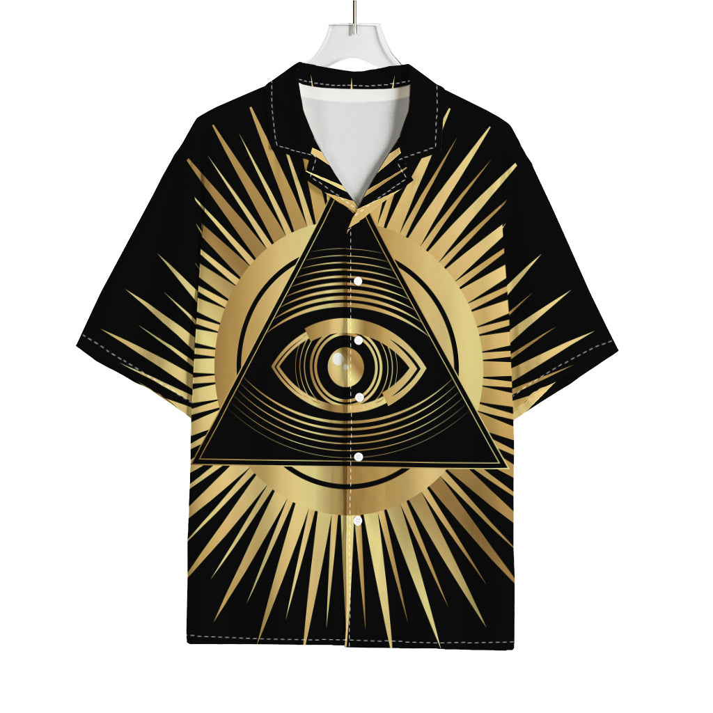 Black And Gold Eye of Providence Print Rayon Hawaiian Shirt