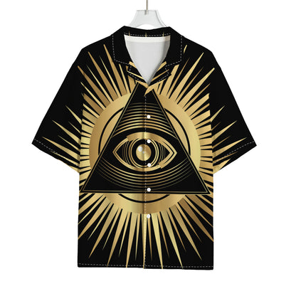 Black And Gold Eye of Providence Print Rayon Hawaiian Shirt