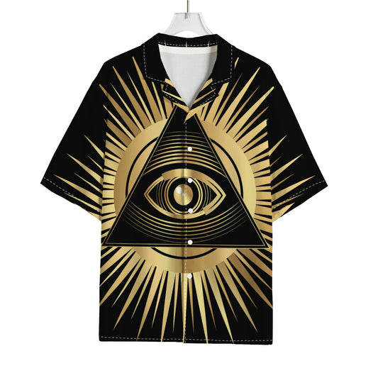 Black And Gold Eye of Providence Print Rayon Hawaiian Shirt