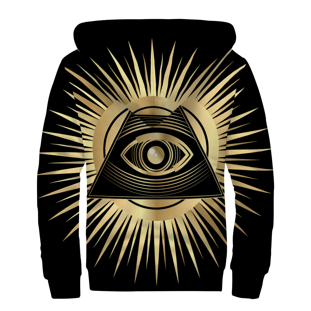 Black And Gold Eye of Providence Print Sherpa Lined Zip Up Hoodie