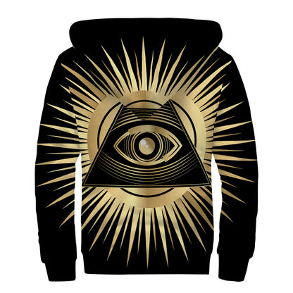 Black And Gold Eye of Providence Print Sherpa Lined Zip Up Hoodie