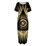 Black And Gold Eye of Providence Print Short Sleeve Long Nightdress