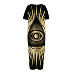 Black And Gold Eye of Providence Print Short Sleeve Long Nightdress