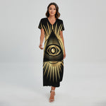 Black And Gold Eye of Providence Print Short Sleeve Maxi Dress
