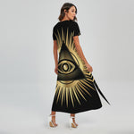 Black And Gold Eye of Providence Print Short Sleeve Maxi Dress