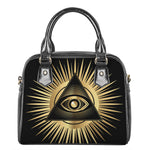 Black And Gold Eye of Providence Print Shoulder Handbag