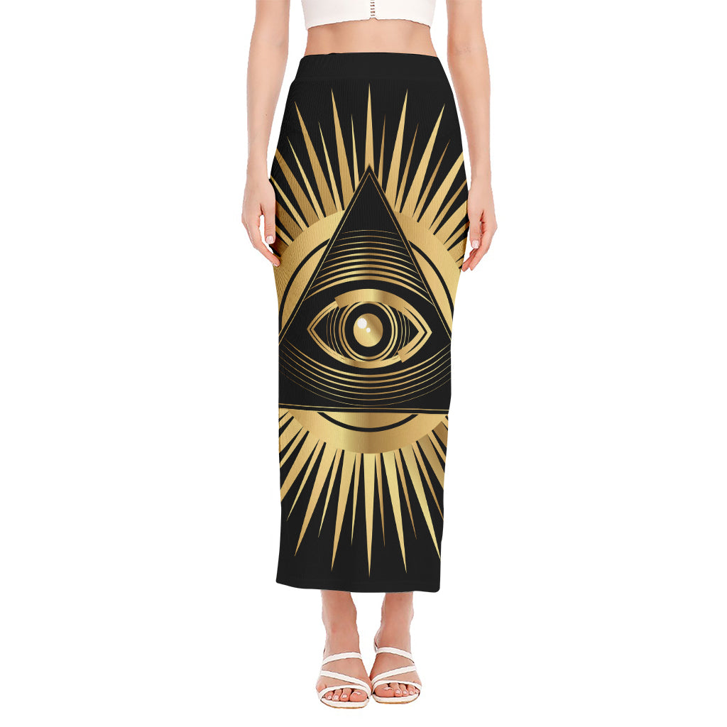 Black And Gold Eye of Providence Print Side Slit Maxi Skirt