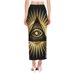 Black And Gold Eye of Providence Print Side Slit Maxi Skirt