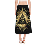 Black And Gold Eye of Providence Print Side Slit Midi Skirt