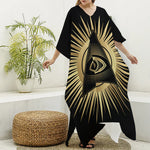 Black And Gold Eye of Providence Print Silk V-Neck Kaftan Dress