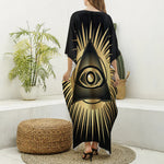 Black And Gold Eye of Providence Print Silk V-Neck Kaftan Dress
