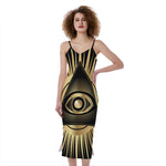 Black And Gold Eye of Providence Print Slim Fit Midi Cami Dress