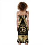 Black And Gold Eye of Providence Print Slim Fit Midi Cami Dress