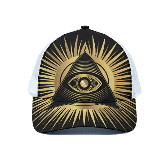 Black And Gold Eye of Providence Print White Mesh Trucker Cap