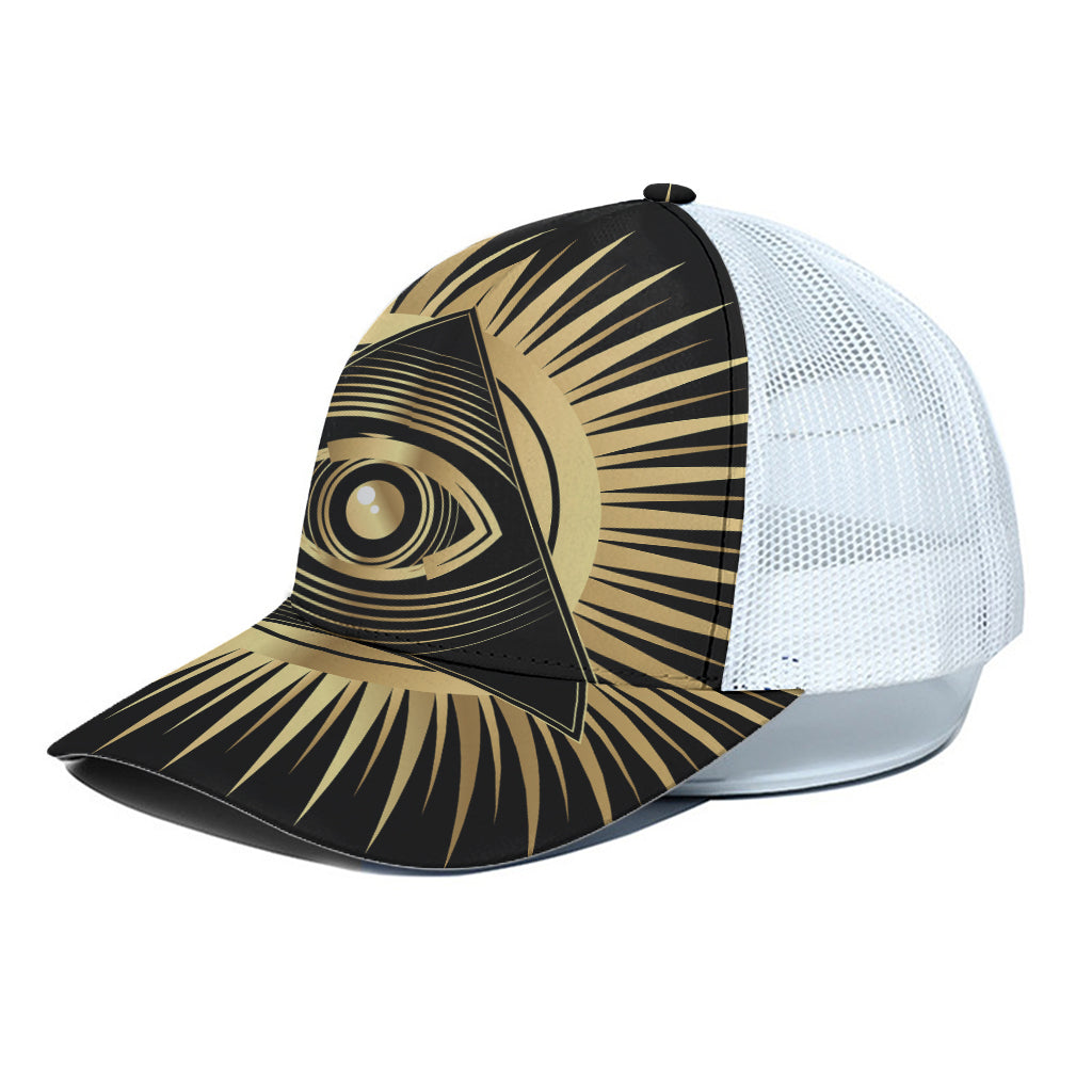 Black And Gold Eye of Providence Print White Mesh Trucker Cap