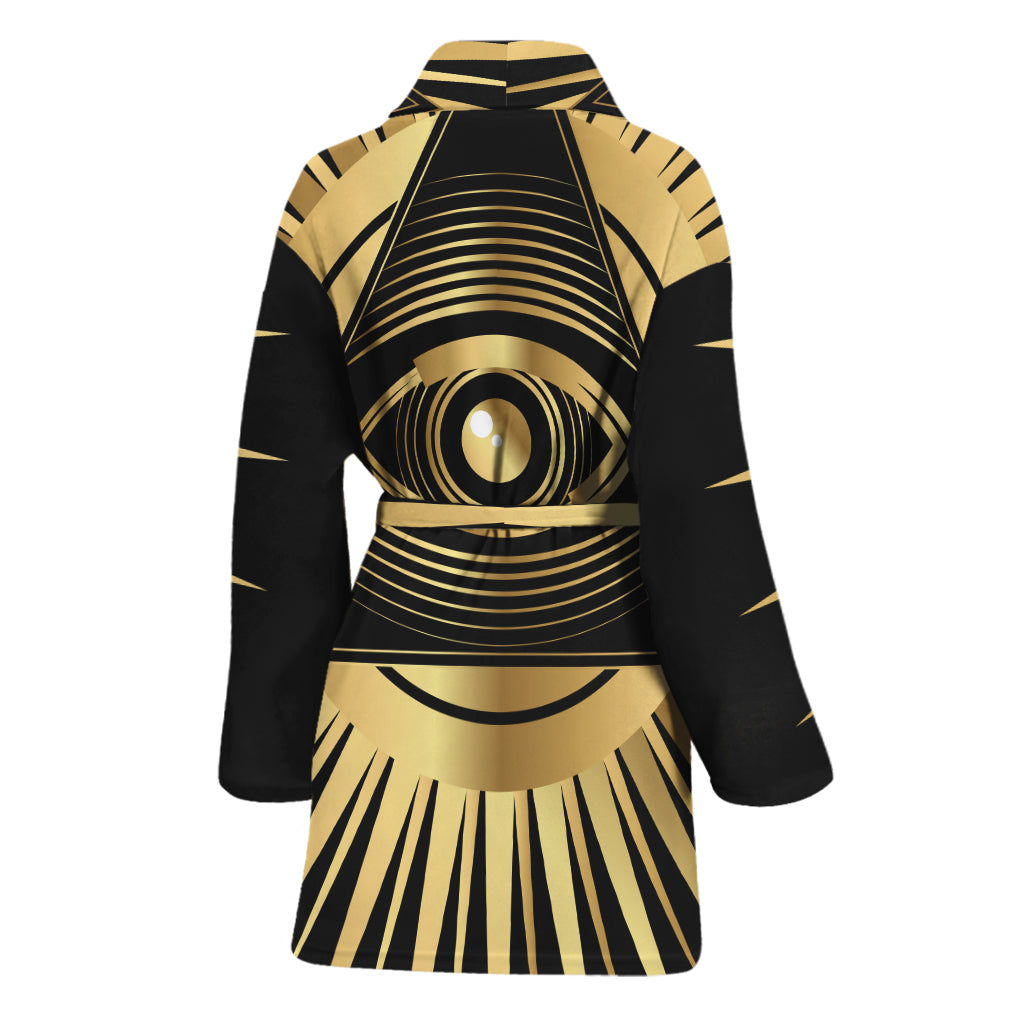 Black And Gold Eye of Providence Print Women's Bathrobe