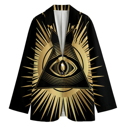 Black And Gold Eye of Providence Print Women's Cotton Blazer