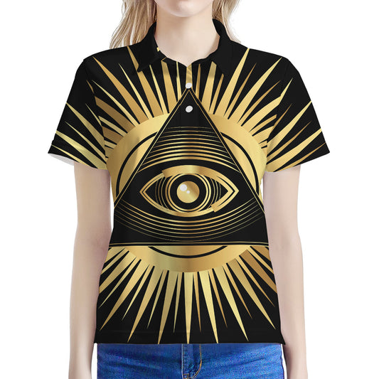 Black And Gold Eye of Providence Print Women's Polo Shirt