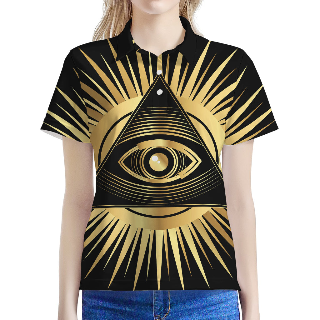 Black And Gold Eye of Providence Print Women's Polo Shirt