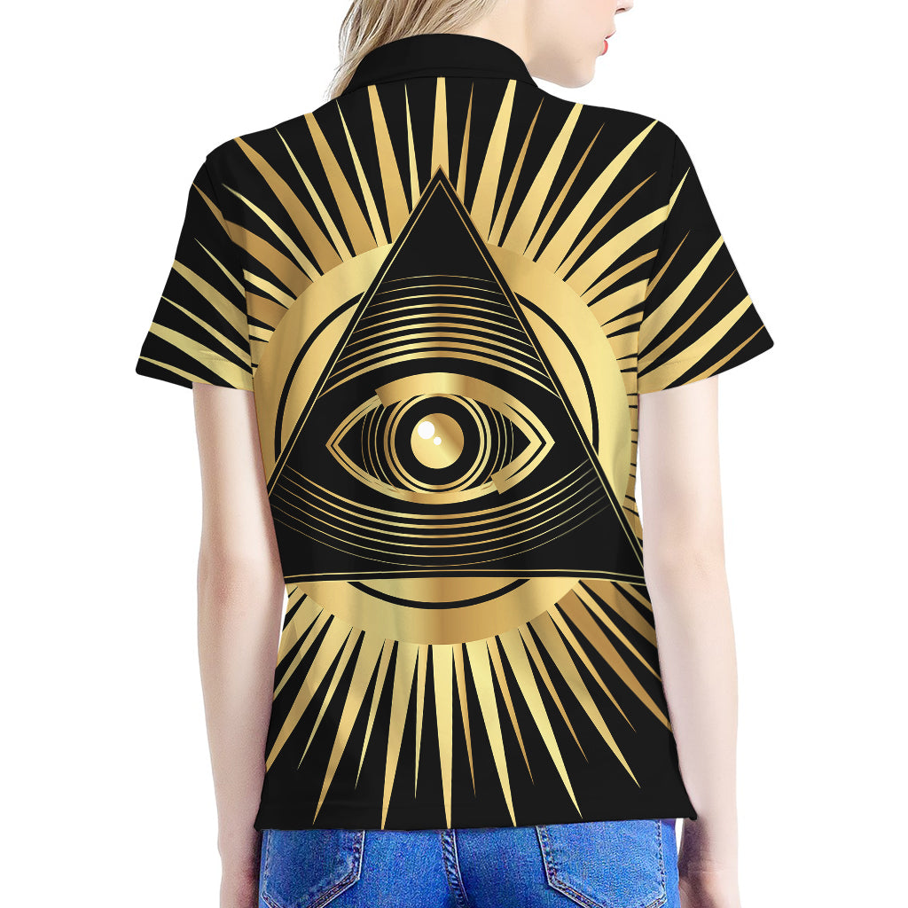 Black And Gold Eye of Providence Print Women's Polo Shirt