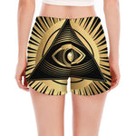 Black And Gold Eye of Providence Print Women's Split Running Shorts