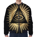 Black And Gold Eye of Providence Print Zip Sleeve Bomber Jacket