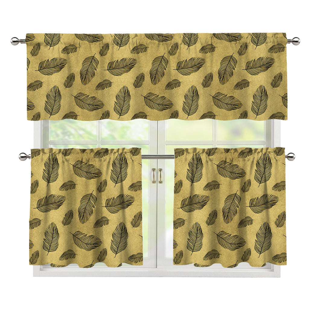 Black And Gold Feather Pattern Print 3 Piece Kitchen Curtains