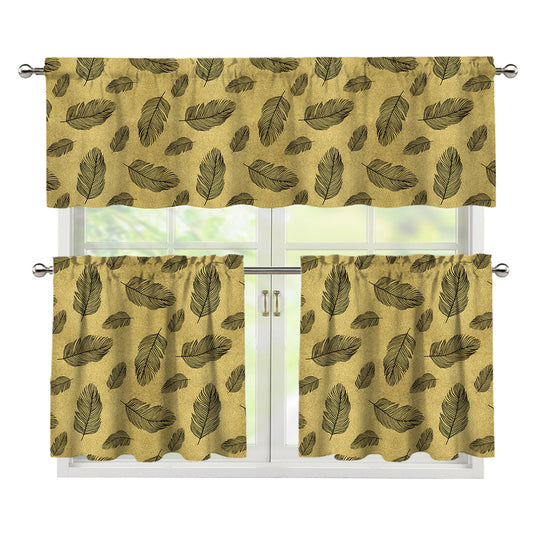 Black And Gold Feather Pattern Print 3 Piece Kitchen Curtains