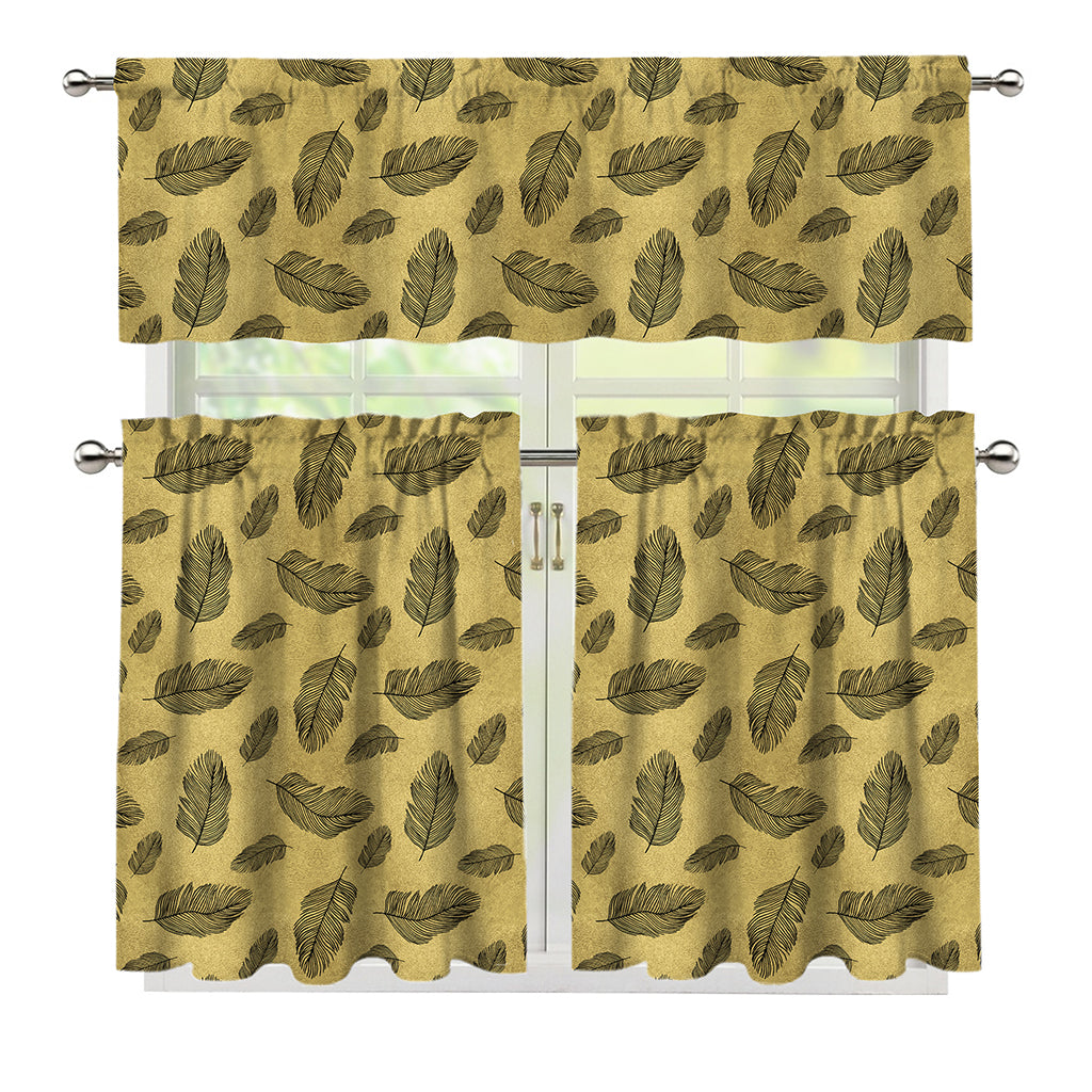 Black And Gold Feather Pattern Print 3 Piece Kitchen Curtains