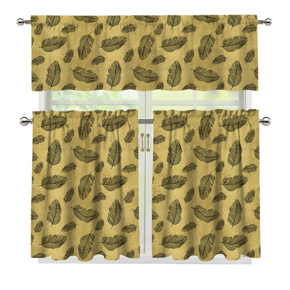 Black And Gold Feather Pattern Print 3 Piece Kitchen Curtains