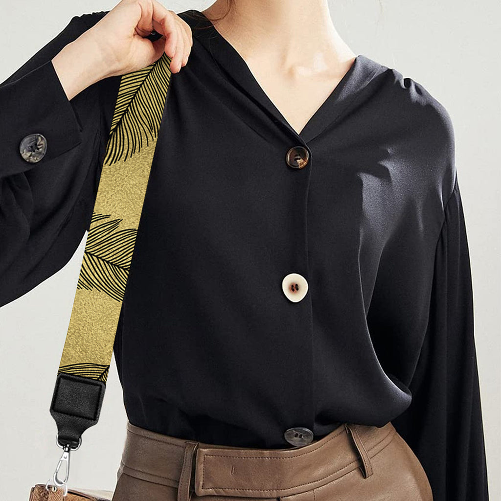 Black And Gold Feather Pattern Print Bag Strap