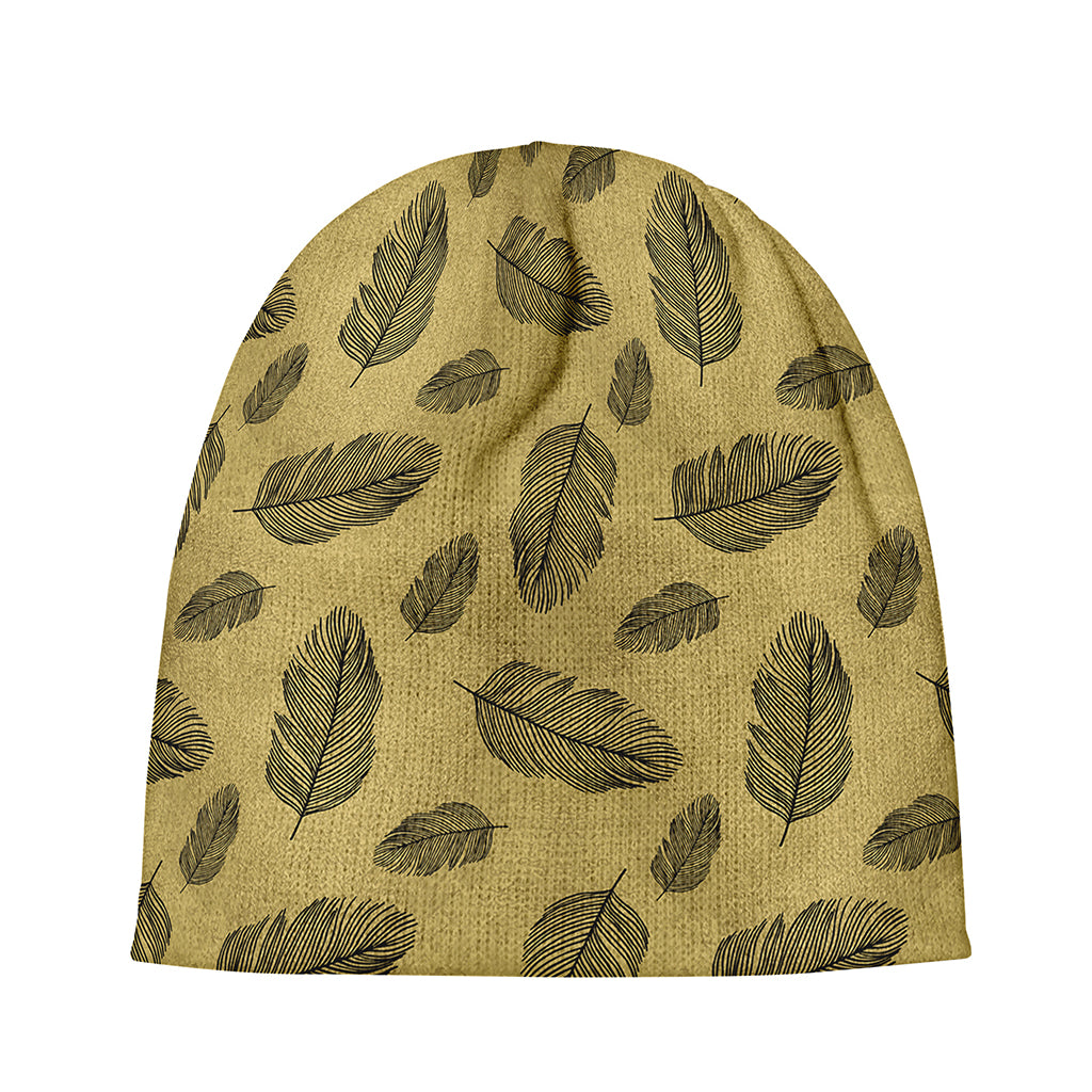 Black And Gold Feather Pattern Print Beanie