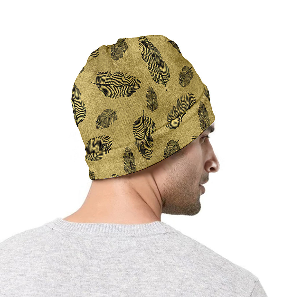 Black And Gold Feather Pattern Print Beanie