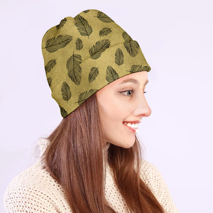 Black And Gold Feather Pattern Print Beanie