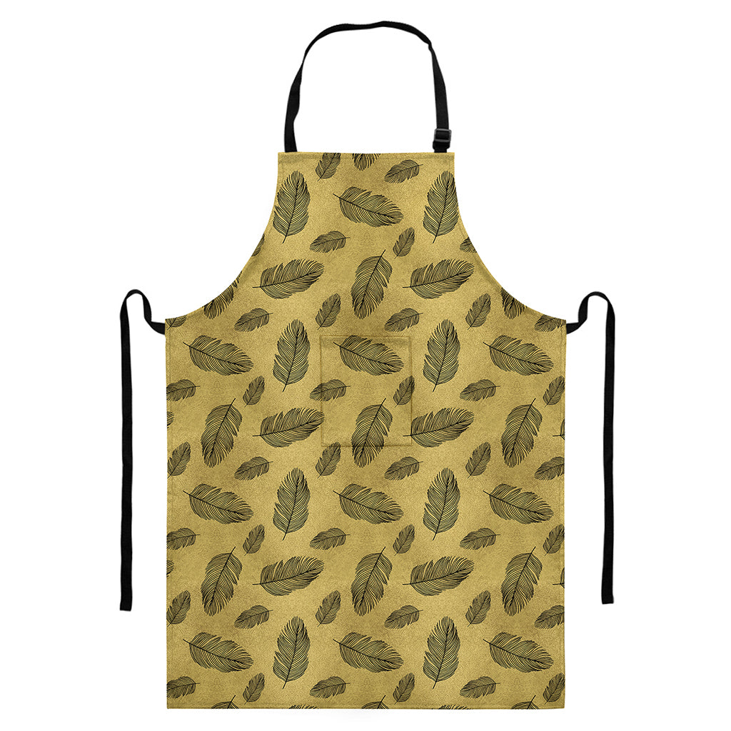 Black And Gold Feather Pattern Print Bib Apron With Pocket