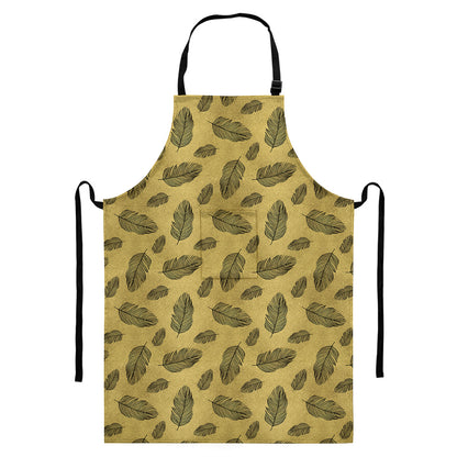 Black And Gold Feather Pattern Print Bib Apron With Pocket