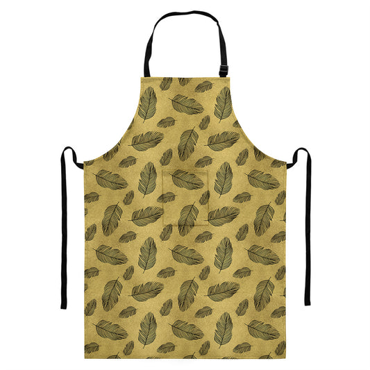 Black And Gold Feather Pattern Print Bib Apron With Pocket