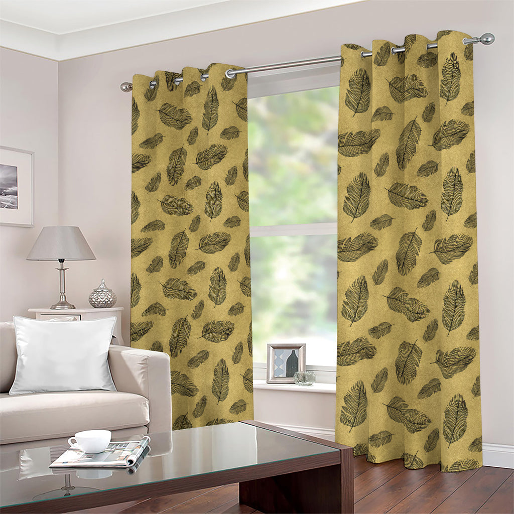 Black And Gold Feather Pattern Print Blackout Grommet Curtains